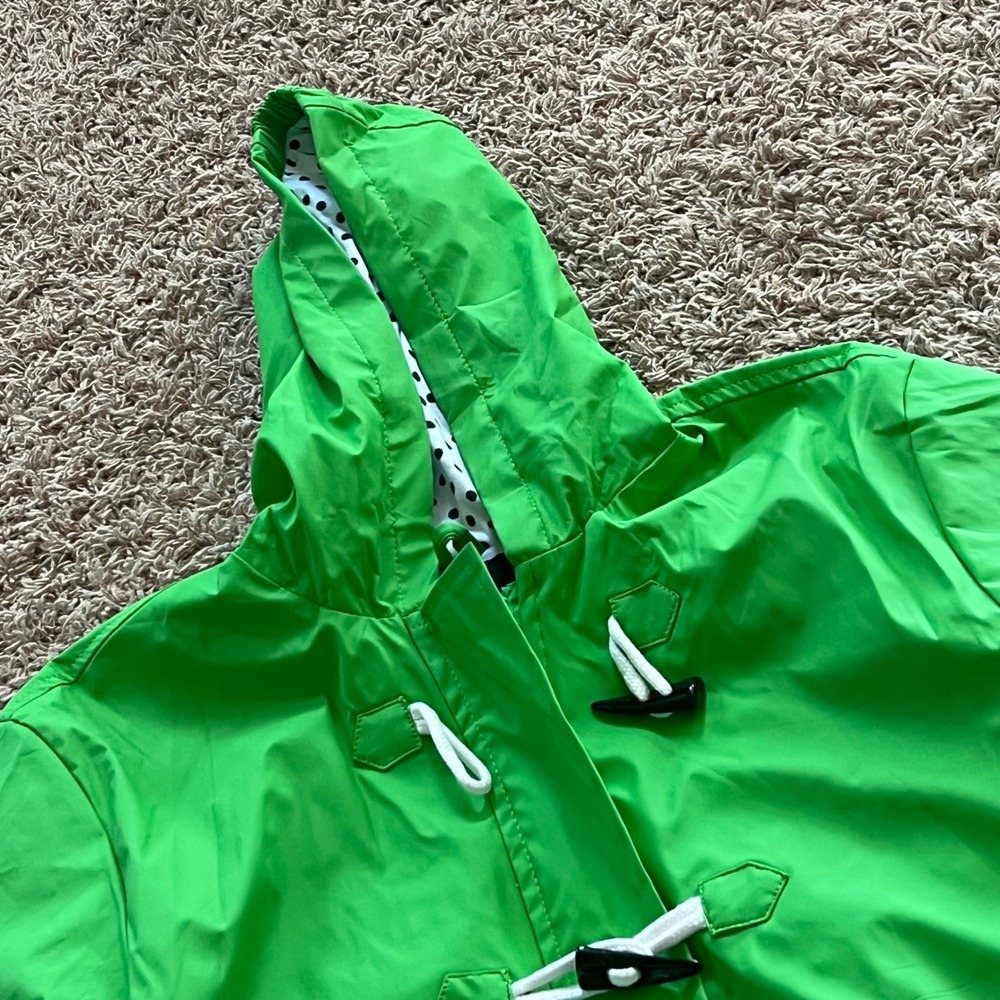 i5 Apparel Womens Lime Green Raincoat Hooded Toggle Front Polka Dot Lining L